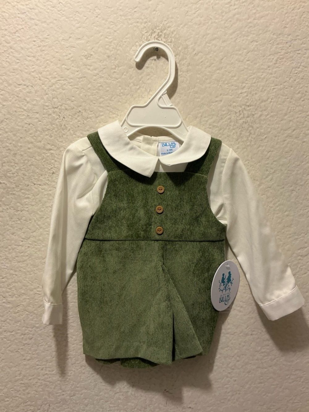 Precious Luli Boys olive green corduroy overall set.